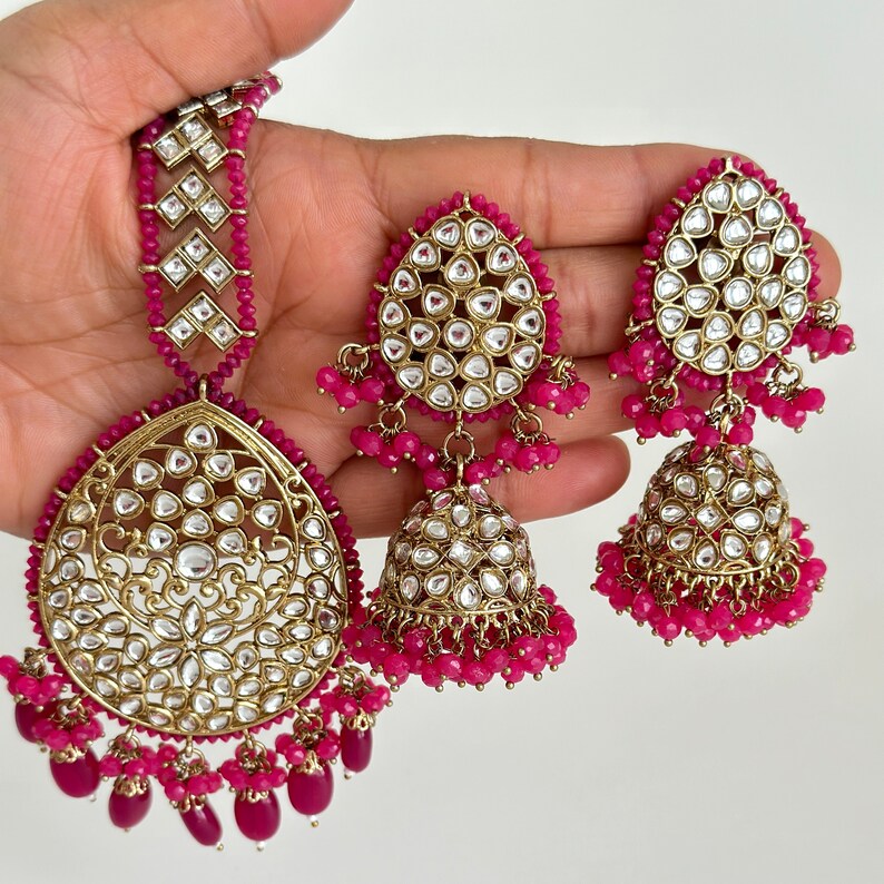Antique finish Kundan Tikka w/Earring Set/Bridal Maang Tikka/Teeka Headpiece/Bridesmaid Gift/Pakistani/Punjabi/Jaggo/Sangeet/Indian wedding
