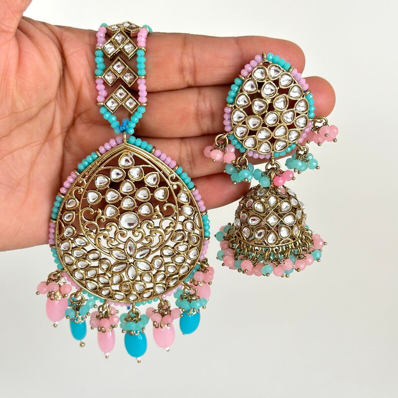 Antique finish Kundan Tikka w/Earring Set/Bridal Maang Tikka/Teeka Headpiece/Bridesmaid Gift/Pakistani/Punjabi/Jaggo/Sangeet/Indian wedding
