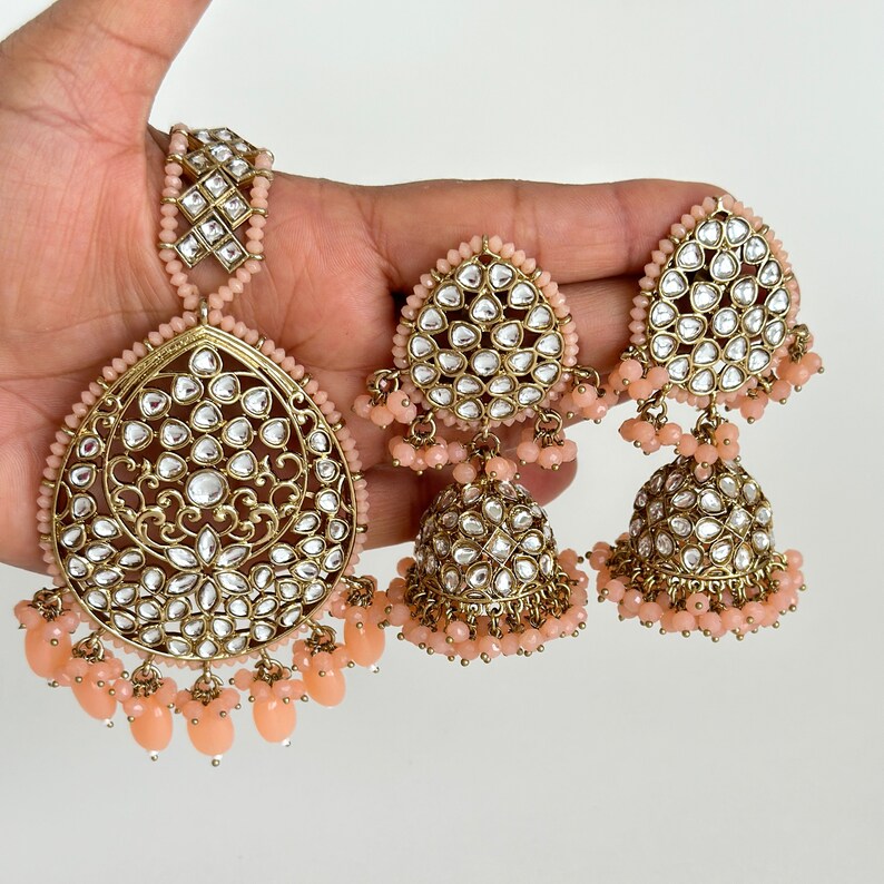Antique finish Kundan Tikka w/Earring Set/Bridal Maang Tikka/Teeka Headpiece/Bridesmaid Gift/Pakistani/Punjabi/Jaggo/Sangeet/Indian wedding