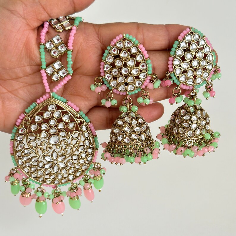 Antique finish Kundan Tikka w/Earring Set/Bridal Maang Tikka/Teeka Headpiece/Bridesmaid Gift/Pakistani/Punjabi/Jaggo/Sangeet/Indian wedding