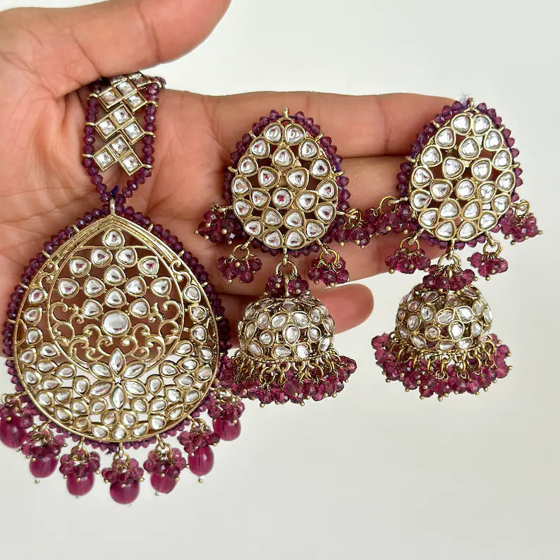 Antique finish Kundan Tikka w/Earring Set/Bridal Maang Tikka/Teeka Headpiece/Bridesmaid Gift/Pakistani/Punjabi/Jaggo/Sangeet/Indian wedding