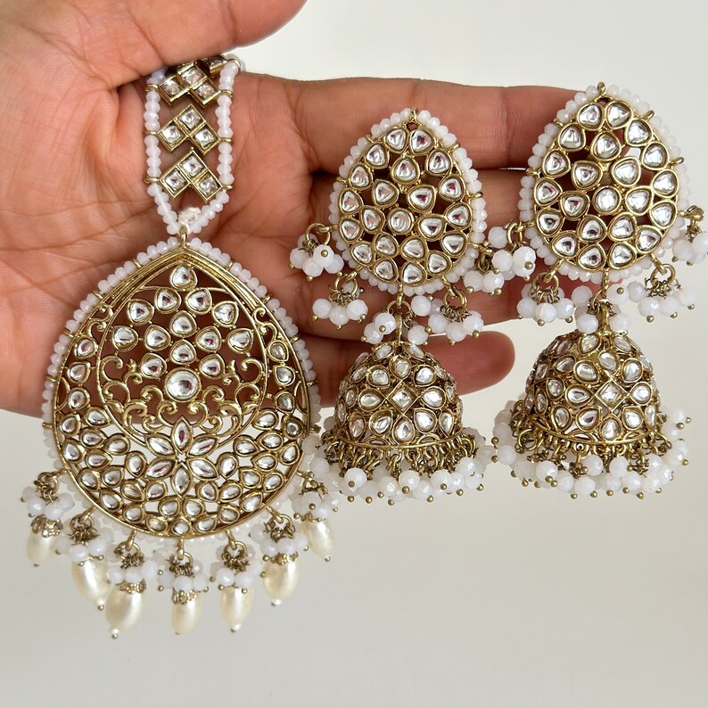 Antique finish Kundan Tikka w/Earring Set/Bridal Maang Tikka/Teeka Headpiece/Bridesmaid Gift/Pakistani/Punjabi/Jaggo/Sangeet/Indian wedding