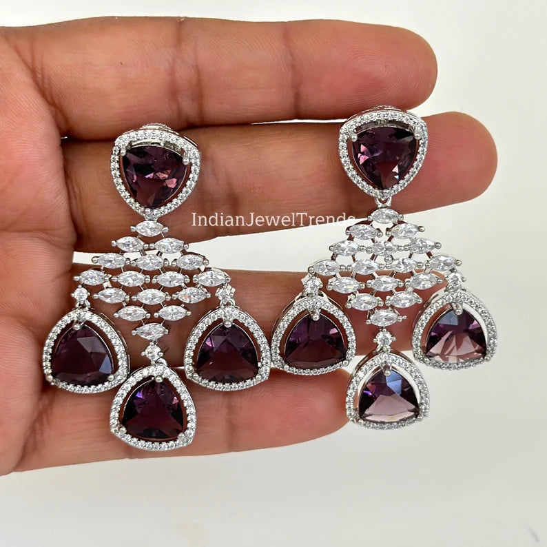 CZ diamond earrings, Indian CZ earrings, american diamond earrings, pakistani jewelry, AD earrings, cocktail earrings, gift for her