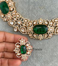 Emerald Gold Victorian uncut polki CZ Necklace, Sabyasachi Necklace, Statement Necklace, Semi Precious Necklace, Designer,Indian Pakistani