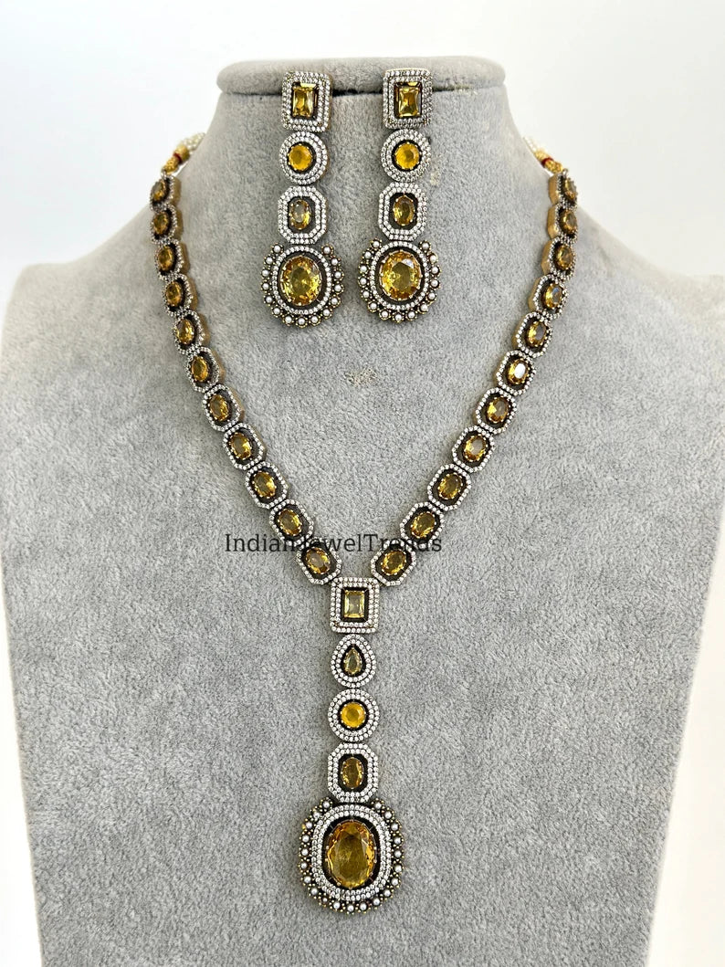 Yellow Victorian uncut polki CZ stone diamond Necklace, Sabyasachi Necklace, Statement Necklace, Semi Precious Designer necklace