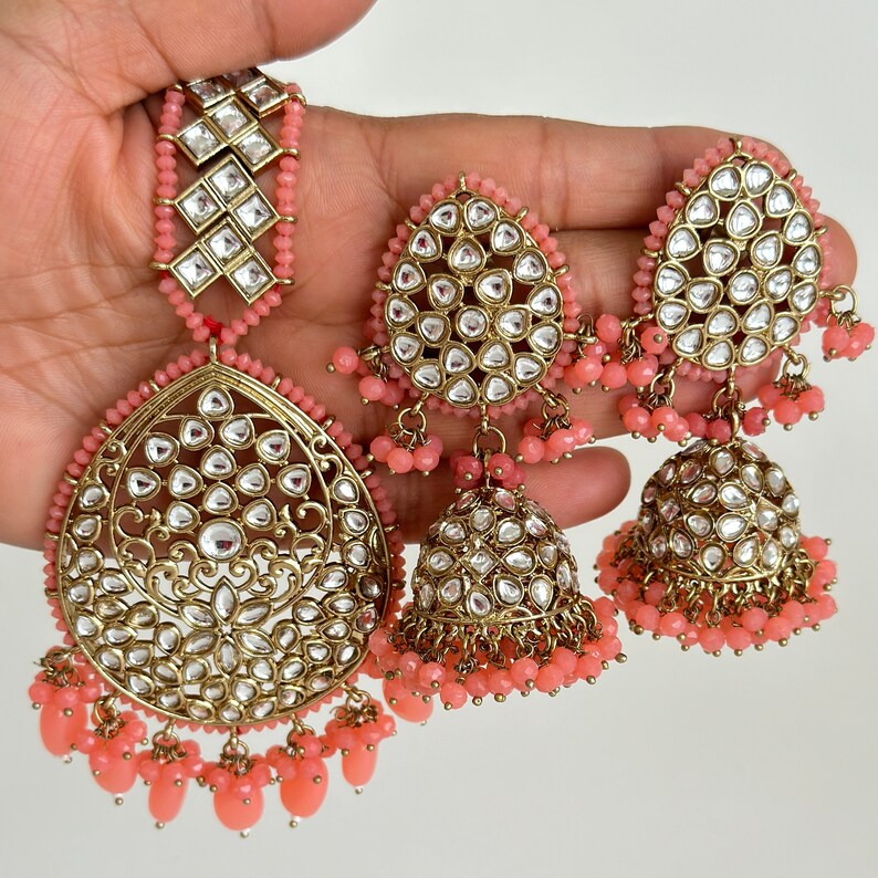 Antique finish Kundan Tikka w/Earring Set/Bridal Maang Tikka/Teeka Headpiece/Bridesmaid Gift/Pakistani/Punjabi/Jaggo/Sangeet/Indian wedding