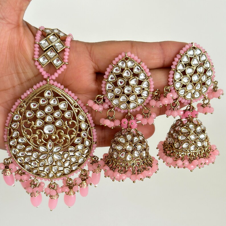Antique finish Kundan Tikka w/Earring Set/Bridal Maang Tikka/Teeka Headpiece/Bridesmaid Gift/Pakistani/Punjabi/Jaggo/Sangeet/Indian wedding