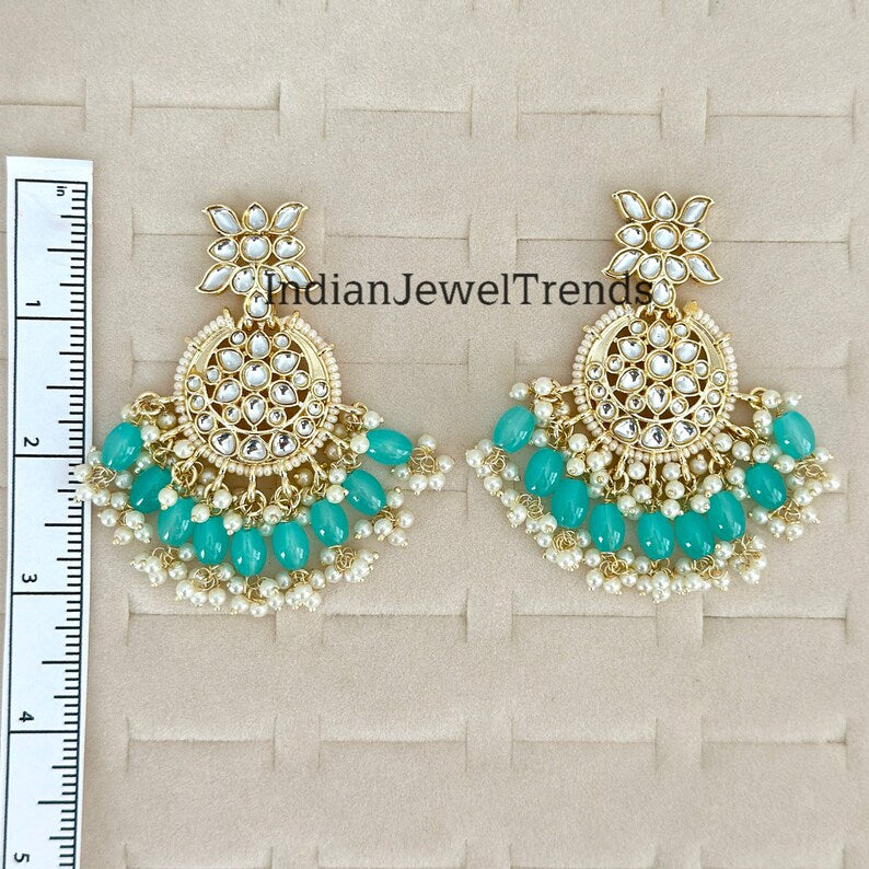 Bollywood gold Kundan chandbali Earrings, bridesmaid earrings, Indian pakistani earrings for wedding