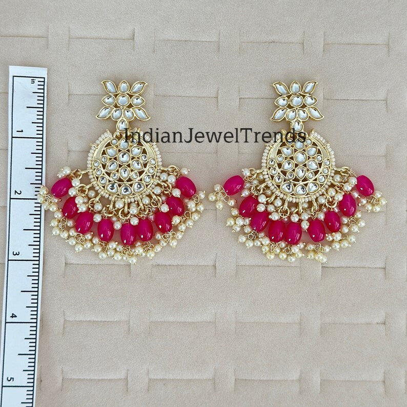 Bollywood gold Kundan chandbali Earrings, bridesmaid earrings, Indian pakistani earrings for wedding