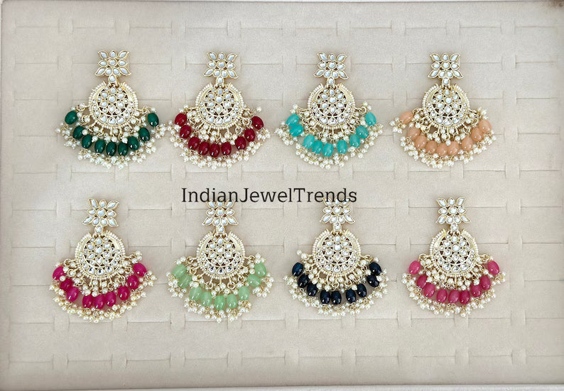 Bollywood gold Kundan chandbali Earrings, bridesmaid earrings, Indian pakistani earrings for wedding