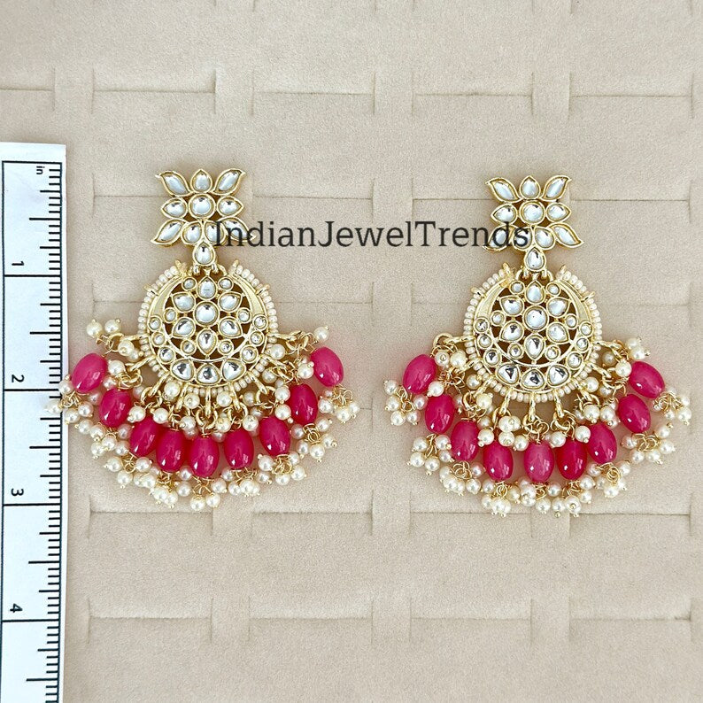 Bollywood gold Kundan chandbali Earrings, bridesmaid earrings, Indian pakistani earrings for wedding