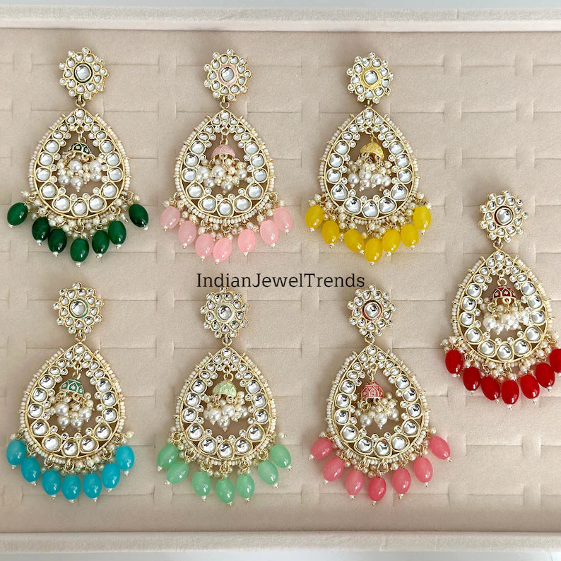 Bollywood Kundan Earrings/Indian Earrings/pearl Earring/Pakistani Earrings/Statement Earrings/Long chandelier/bridal earrings/Chaandbali
