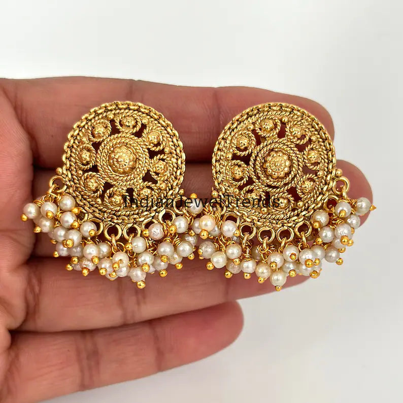Antique Pearl Gold Studs Earrings /Indian Studs/Indian Earrings/Indian Jewelry/Pearl Stud/Bridal Jewelry/Indian wedding/South Indian Jewelry