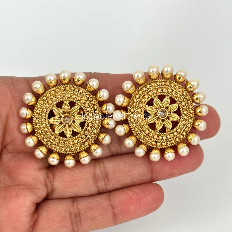Bollywood Pearl Gold Large Stud Earrings/Indian Studs/Indian Earrings/Indian /Kundan Studs/Sabyasachi studs/Bridal Jewelry/Indian wedding