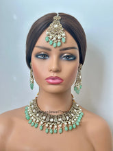 Mint Green Antique Polki Kundan Pearl Necklace with earrings and tikka, bridal necklace, Indian Punjabi Pakistani Wedding Jewelry