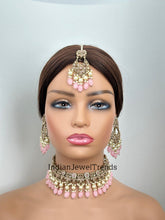 Pink Antique Polki Kundan Pearl Necklace with earrings and tikka, bridal necklace, Indian Pakistani Wedding Jewelry