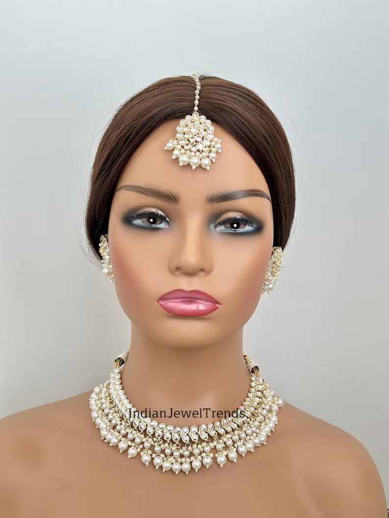 White Pearl Kundan Necklace Set/Kundan Choker/ Bollywood Jewelry/ Indian jewelry/ Pakistani necklace/ punjabi necklace/bridal/indian wedding