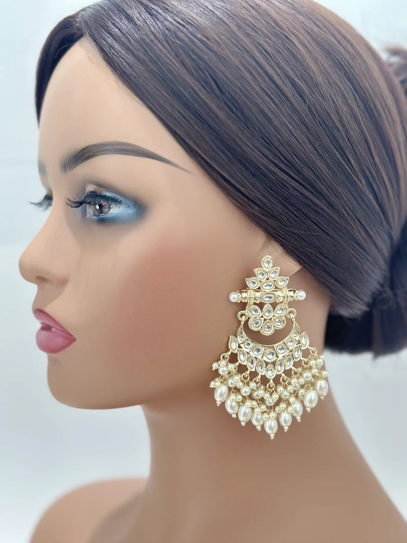 Bollywood Kundan Earrings/Indian Earrings/pearl Earring/Pakistani Earrings/Statement Earrings/Long chandelier/bridal earrings/Indian wedding