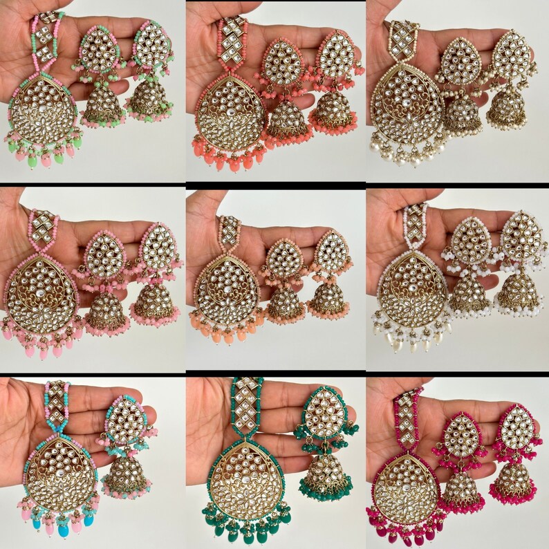 Antique finish Kundan Tikka w/Earring Set/Bridal Maang Tikka/Teeka Headpiece/Bridesmaid Gift/Pakistani/Punjabi/Jaggo/Sangeet/Indian wedding