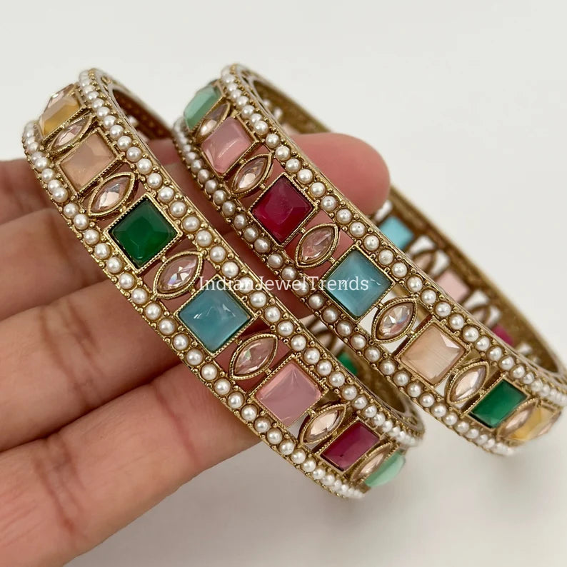 A Pair of Navratan Polki Stone bangles, Antique Dull gold bangles,Indian Kada bangles, Wedding Jewelry,Punjabi Jewelry, Bollywood bangles