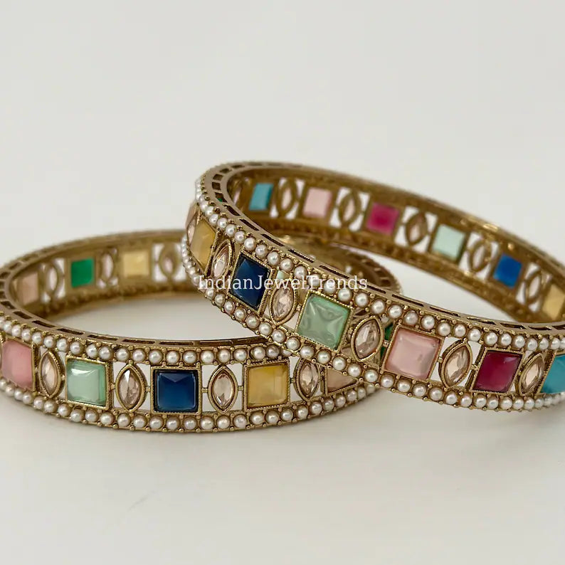 A Pair of Navratan Polki Stone bangles, Antique Dull gold bangles,Indian Kada bangles, Wedding Jewelry,Punjabi Jewelry, Bollywood bangles