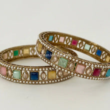 A Pair of Navratan Polki Stone bangles, Antique Dull gold bangles,Indian Kada bangles, Wedding Jewelry,Punjabi Jewelry, Bollywood bangles