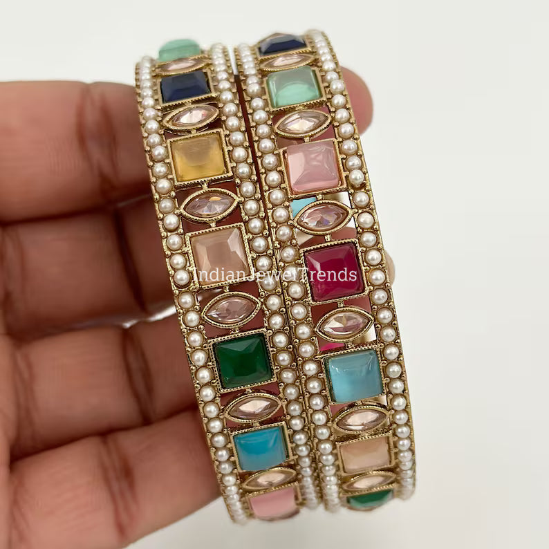 A Pair of Navratan Polki Stone bangles, Antique Dull gold bangles,Indian Kada bangles, Wedding Jewelry,Punjabi Jewelry, Bollywood bangles