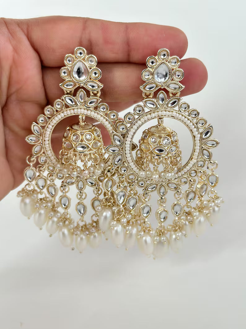 Bollywood Kundan Long Earrings/Indian Earrings/pearl Earring/Pakistani Earrings/Statement Earrings/Long chandelier/bridal earrings/wedding