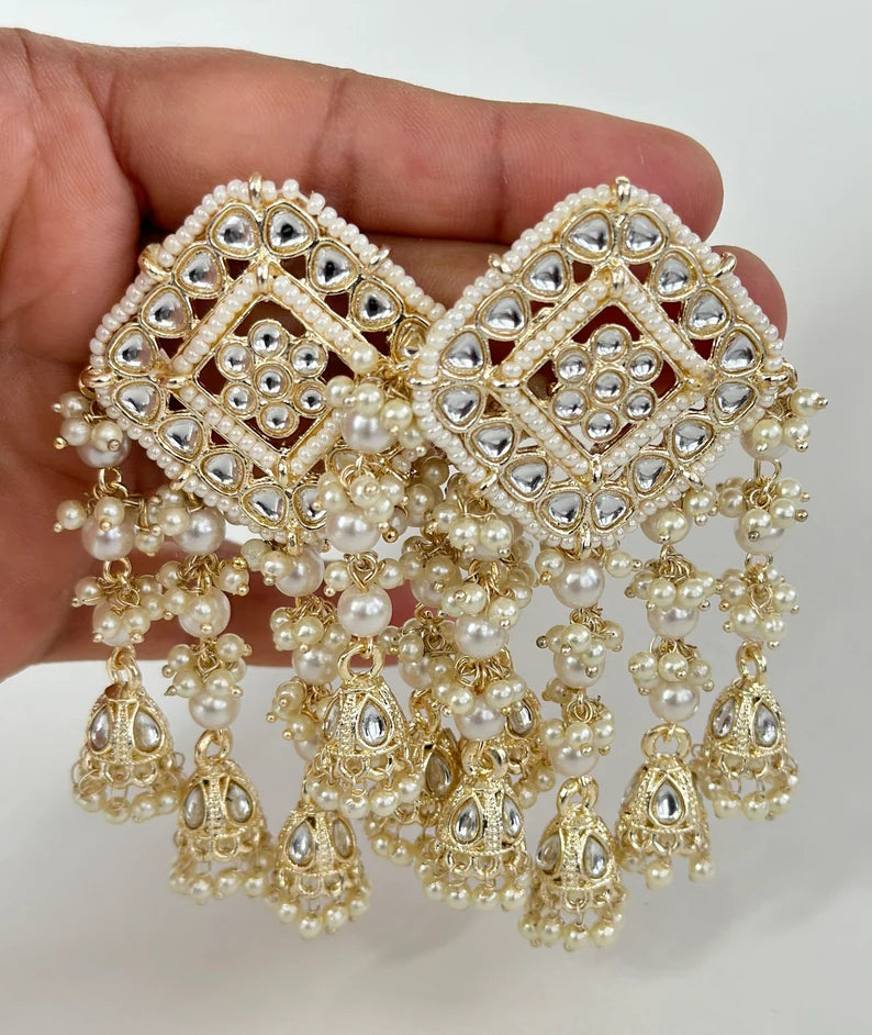 Bollywood Kundan dangle Earrings Indian long Earrings pearl Earrings Earrings Statement Earrings Long chandelier bridal earrings