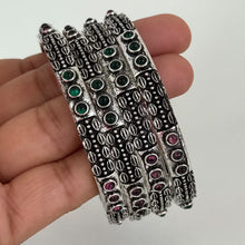 Restocked Multicolored Stones Oxidized Silver Bangles(4 Pc)/German Silver/Black Metal/Boho/Tribal/Indian Jewelry/Pakistani /Oxidized Bangles
