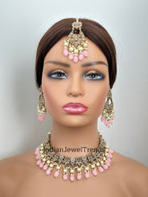Pink Antique Polki Kundan Pearl Necklace with earrings and tikka, bridal necklace, Indian Pakistani Wedding Jewelry