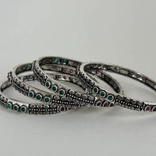 Restocked Multicolored Stones Oxidized Silver Bangles(4 Pc)/German Silver/Black Metal/Boho/Tribal/Indian Jewelry/Pakistani /Oxidized Bangles