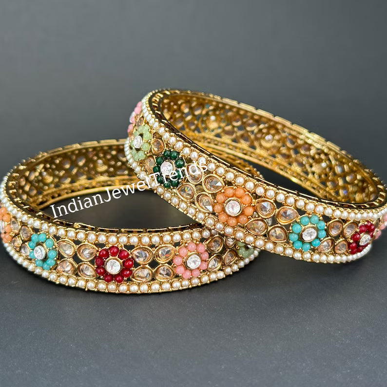 A Pair of Navratan Polki Stone bangles, Antique Dull gold bangles,Indian Kada bangles, Wedding Jewelry,Punjabi Jewelry, Bollywood bangles
