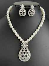 CZ American Diamond Pearl Mala Necklace With 2 Tone, Rhodium Plating, Indian Pakistani jewelry for wedding , Mala necklace