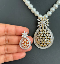 CZ American Diamond Pearl Mala Necklace With 2 Tone, Rhodium Plating, Indian Pakistani jewelry for wedding , Mala necklace
