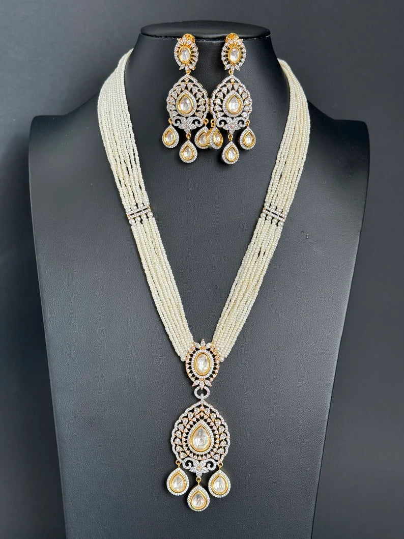 White Pearl kundan CZ long Necklace ,CZ Diamond Long Necklace/Indian Long Necklace/Indian wedding/Bridal jewelry/Pakistani/Punjabi