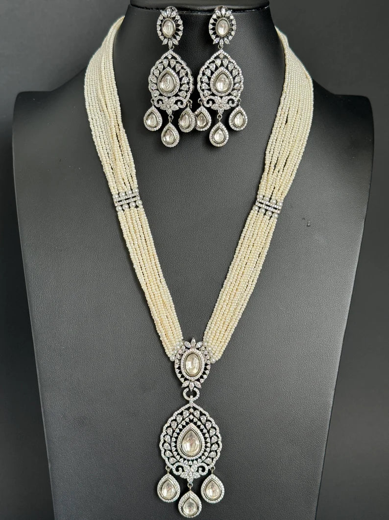 White Pearl kundan CZ long Necklace ,CZ Diamond Long Necklace/Indian Long Necklace/Indian wedding/Bridal jewelry/Pakistani/Punjabi