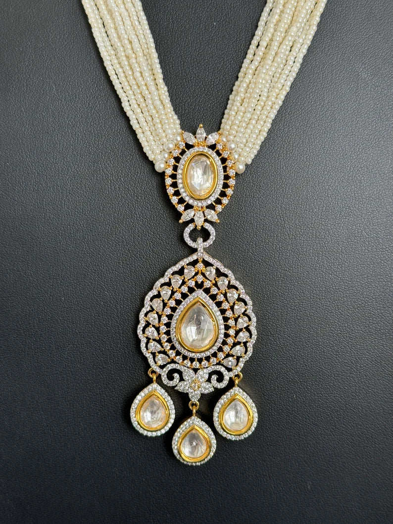 White Pearl kundan CZ long Necklace ,CZ Diamond Long Necklace/Indian Long Necklace/Indian wedding/Bridal jewelry/Pakistani/Punjabi