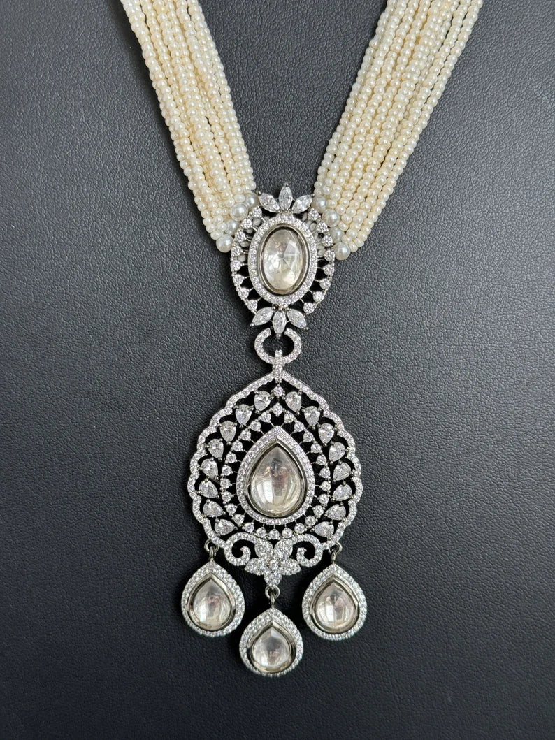 White Pearl kundan CZ long Necklace ,CZ Diamond Long Necklace/Indian Long Necklace/Indian wedding/Bridal jewelry/Pakistani/Punjabi