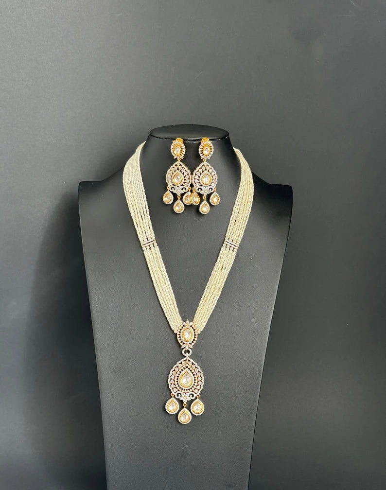White Pearl kundan CZ long Necklace ,CZ Diamond Long Necklace/Indian Long Necklace/Indian wedding/Bridal jewelry/Pakistani/Punjabi