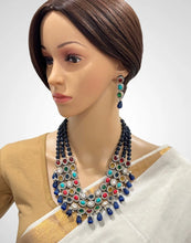 Sapphire Premium Quality uncut Polki Kundan Navratan Necklace/Indian Long Necklace/Statement Long Necklace/Semi Precious Necklace/Rani Haar