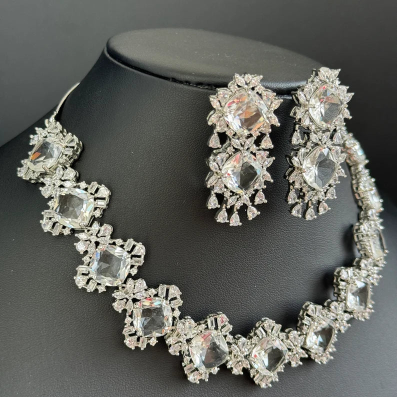 White silver American Diamond necklace/Delicate CZ Stones Necklace/Elegant/Unique Jewelry/Indian/Pakistani/Bollywood/Indian Wedding/Bridal