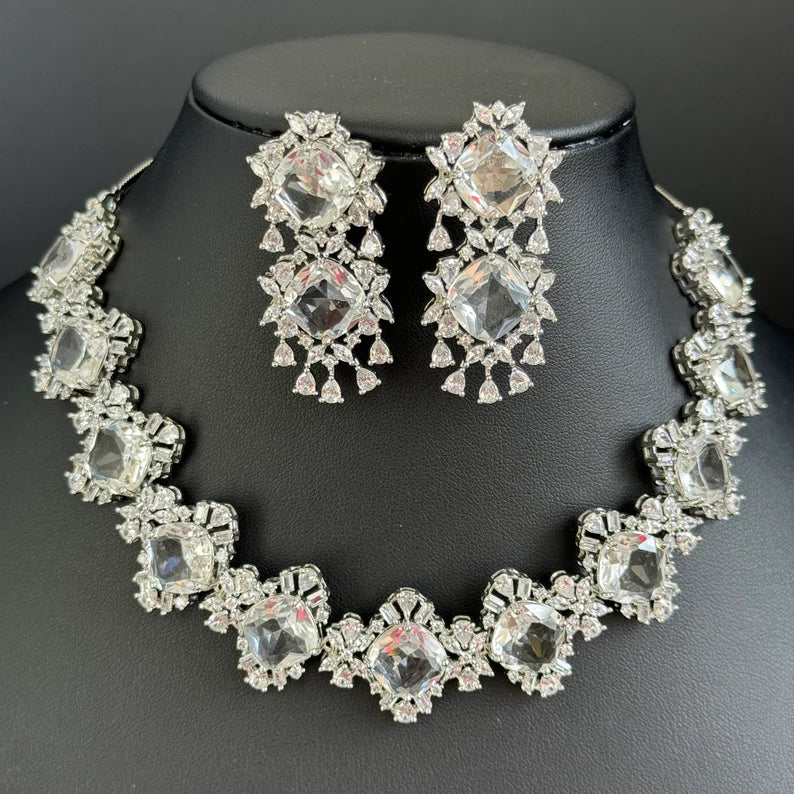 White silver American Diamond necklace/Delicate CZ Stones Necklace/Elegant/Unique Jewelry/Indian/Pakistani/Bollywood/Indian Wedding/Bridal