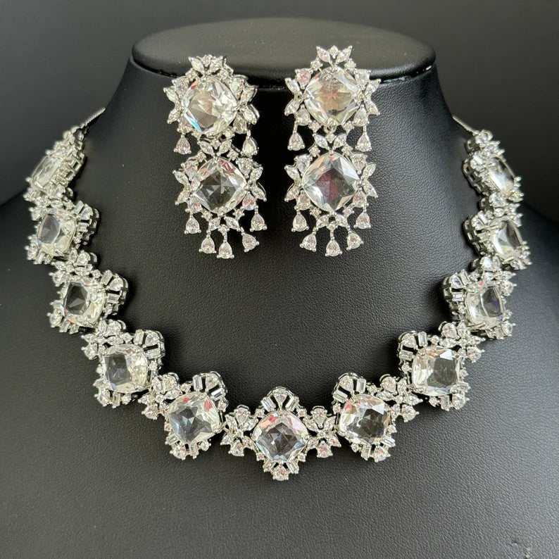 White silver American Diamond necklace/Delicate CZ Stones Necklace/Elegant/Unique Jewelry/Indian/Pakistani/Bollywood/Indian Wedding/Bridal