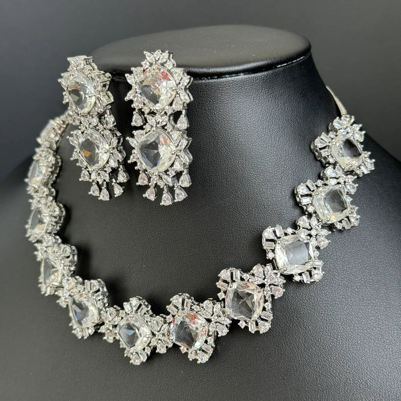 White silver American Diamond necklace/Delicate CZ Stones Necklace/Elegant/Unique Jewelry/Indian/Pakistani/Bollywood/Indian Wedding/Bridal