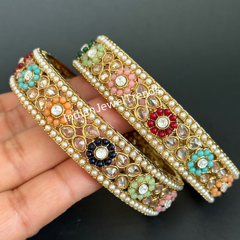 A Pair of Navratan Polki Stone bangles, Antique Dull gold bangles,Indian Kada bangles, Wedding Jewelry,Punjabi Jewelry, Bollywood bangles
