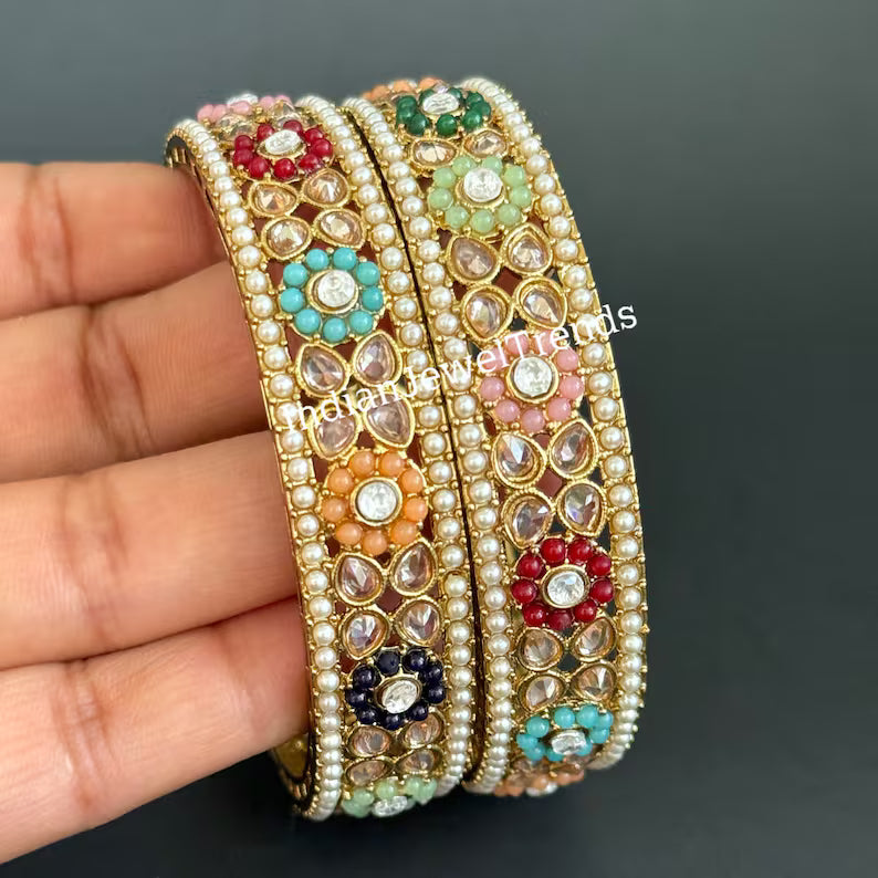 A Pair of Navratan Polki Stone bangles, Antique Dull gold bangles,Indian Kada bangles, Wedding Jewelry,Punjabi Jewelry, Bollywood bangles