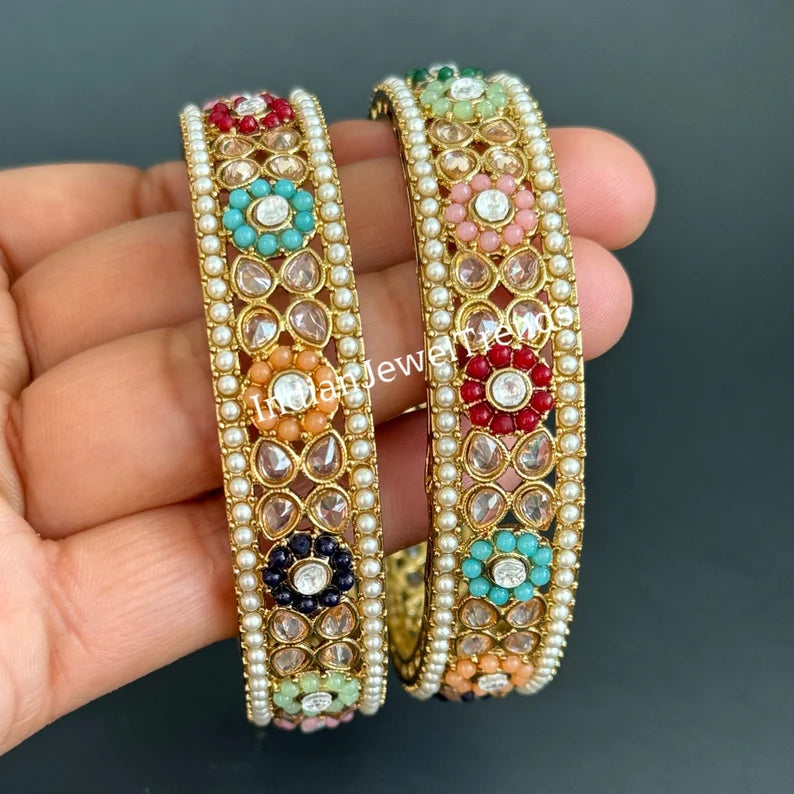 A Pair of Navratan Polki Stone bangles, Antique Dull gold bangles,Indian Kada bangles, Wedding Jewelry,Punjabi Jewelry, Bollywood bangles