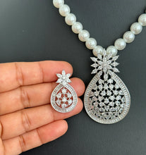 CZ American Diamond Pearl Mala Necklace With 2 Tone, Rhodium Plating, Indian Pakistani jewelry for wedding , Mala necklace