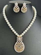 CZ American Diamond Pearl Mala Necklace With 2 Tone, Rhodium Plating, Indian Pakistani jewelry for wedding , Mala necklace